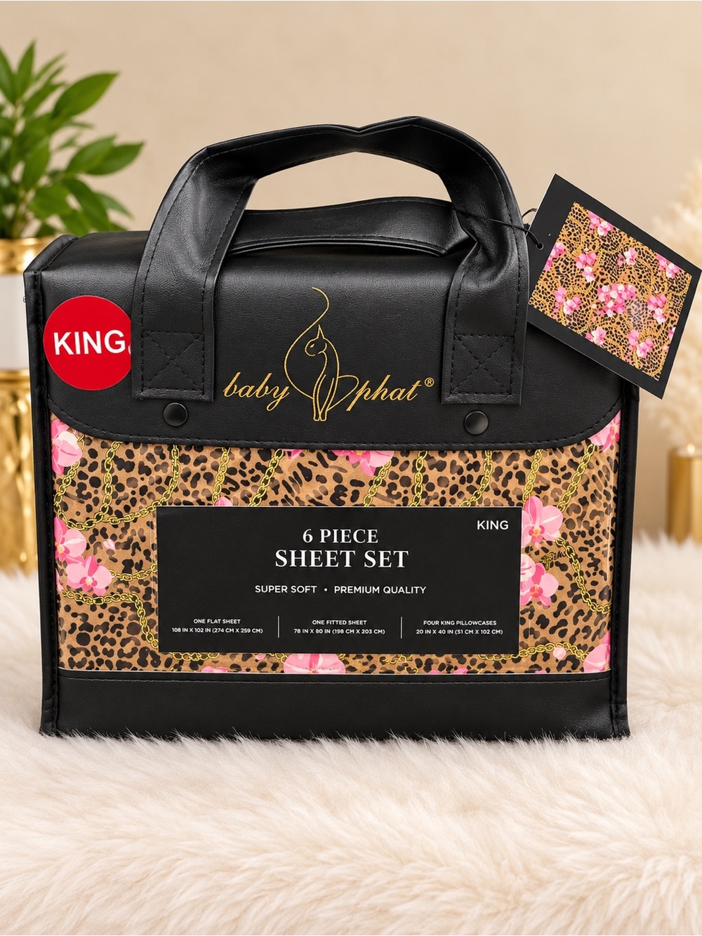Baby Phat King 6 Piece Sheet Set Leopard Pink Floral Gold Chain Print